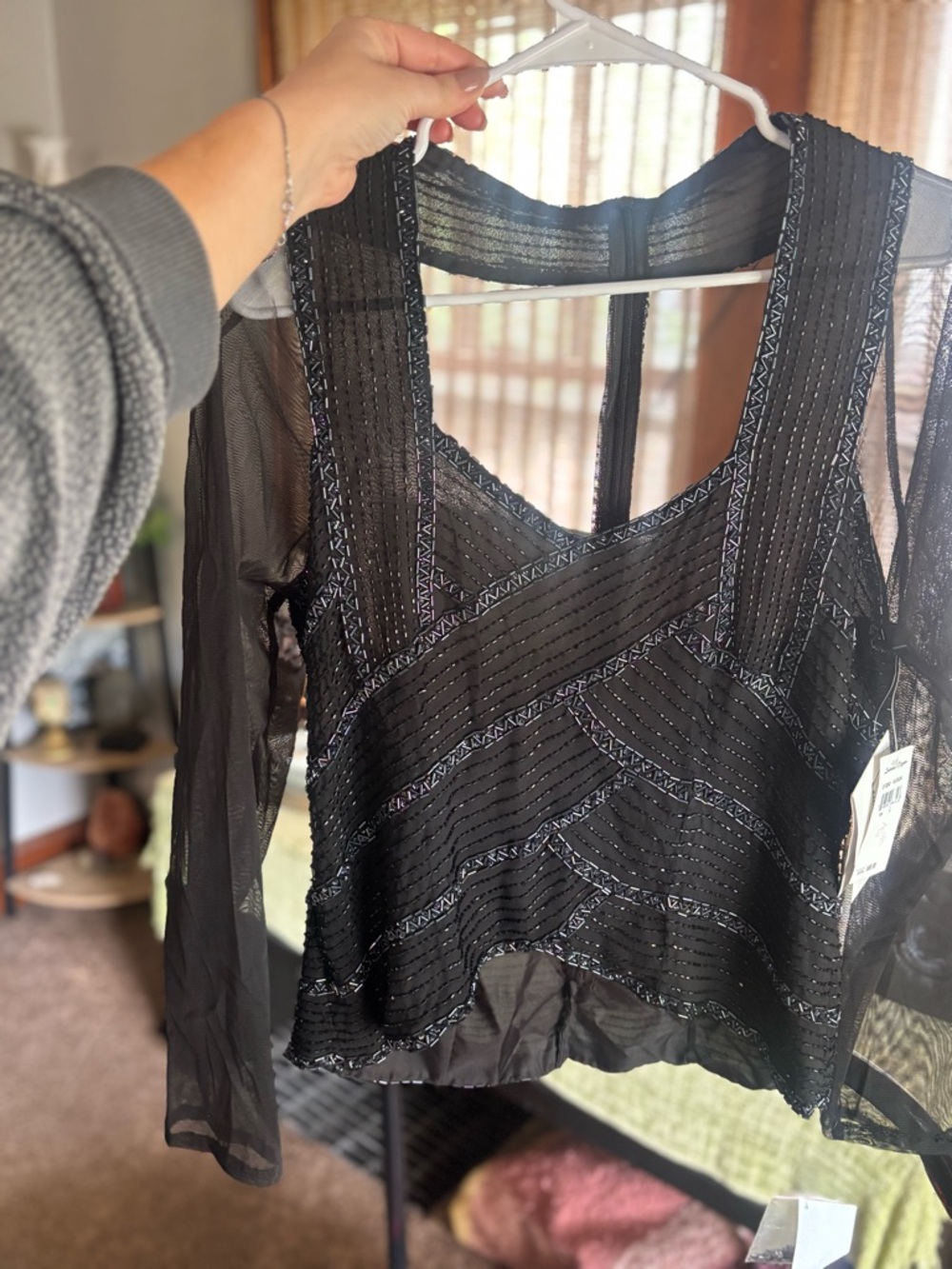 Laurence Kazar Black Sheer Beaded Long Sleeve Top